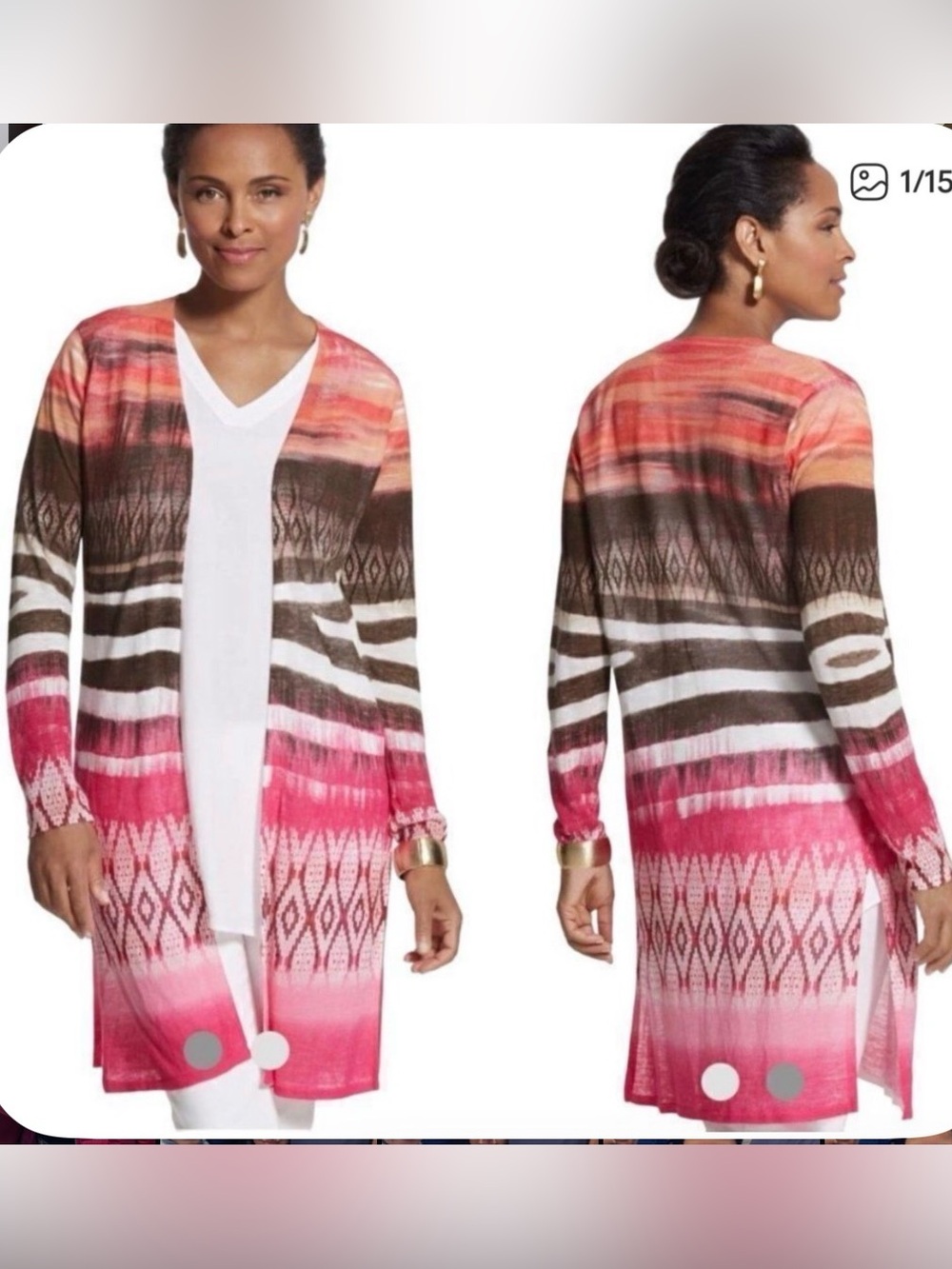Chicos open-front, long-sleeve duster cardigan geometric tribal pattern